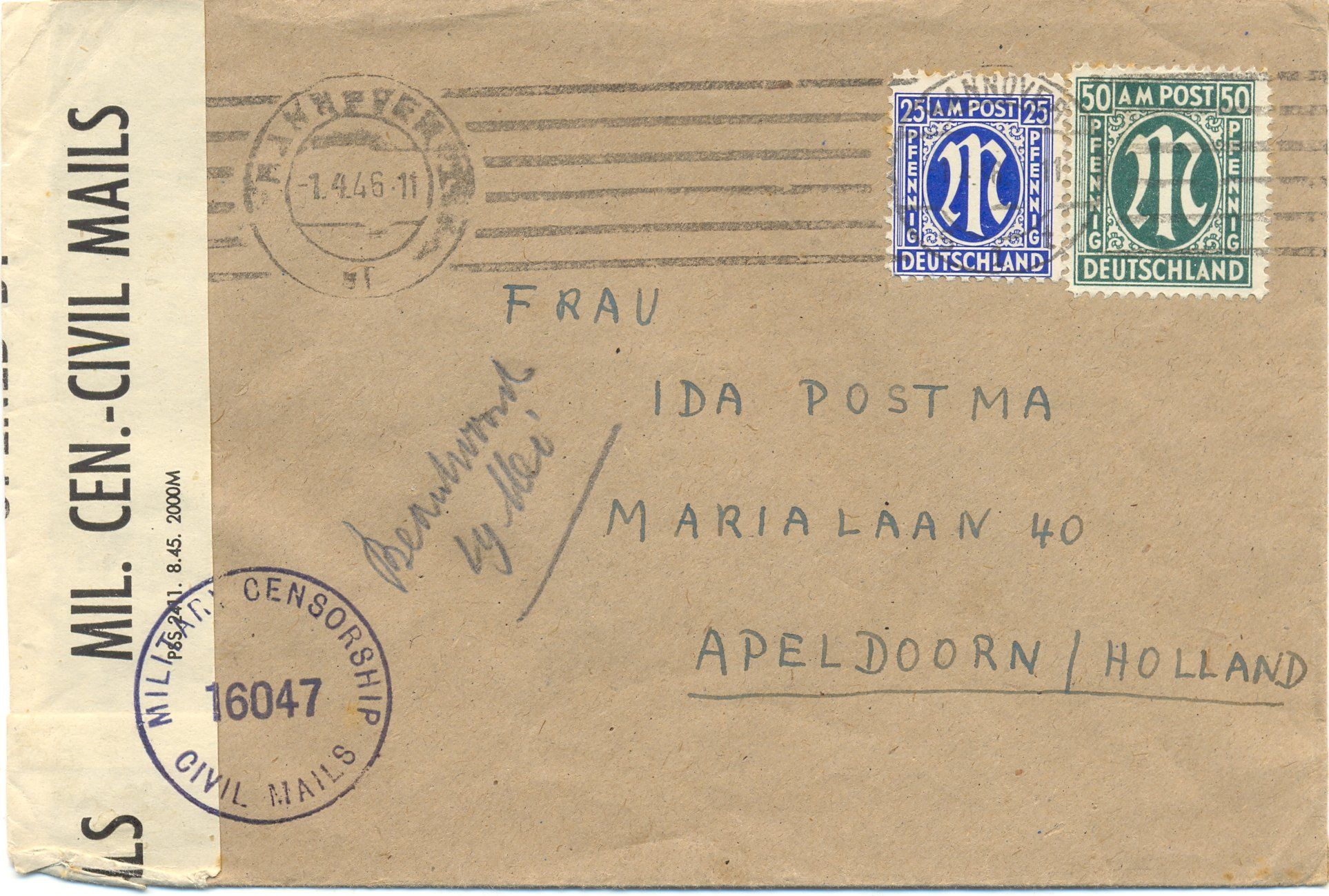 Brief von Ersttag der Wiedereröffnung des Auslandspostverkehrs